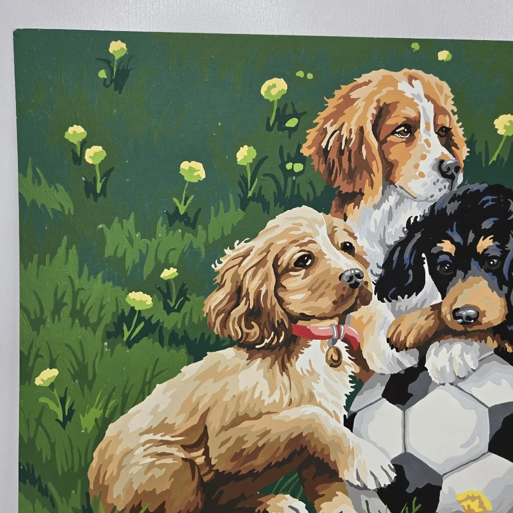 VTG Puppies and Soccer‎ Paint By Number Finished Acrylic Painting 14x20 Retriver